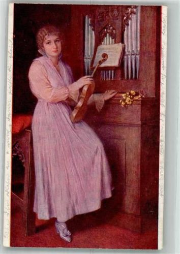 sign. Fröschl, Carl Junge Frau mit verstimmter Geige vor einer Orgel B.K.W.I. Nr. 2289