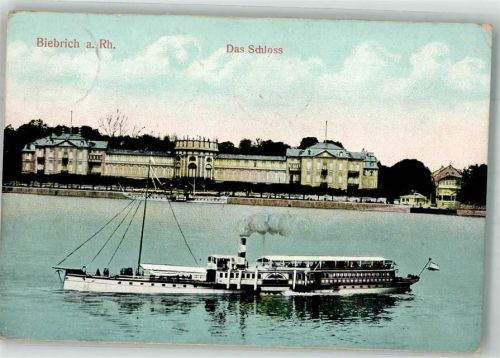 Biebrich 1909 Rheinschiff Raddampfer vor Schloss Biebrich