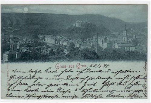 Greiz Greiz, Mondscheinkarte mit Totalansicht gelaufen von 1898. Gute Erhaltung.