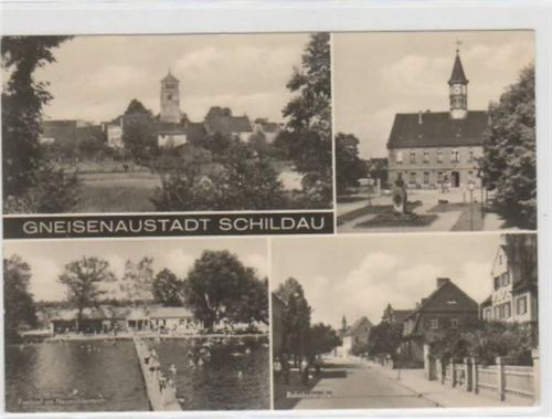 Gneisenaustadt Schildau mit 4 Abbildungen gelaufen, Stempel nicht lesbar. Gute Erhaltung.