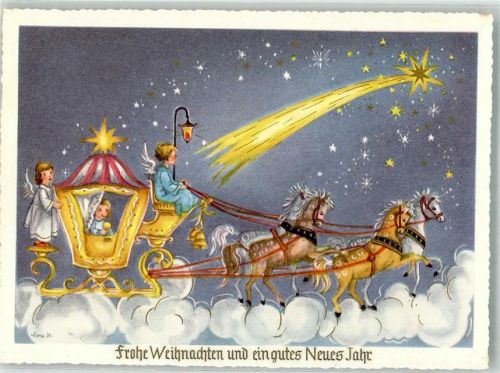 Engel auf einem himmlischen Pferdeschlitten über den Wolken Weihnachten Neujahr HACO Nr. 312