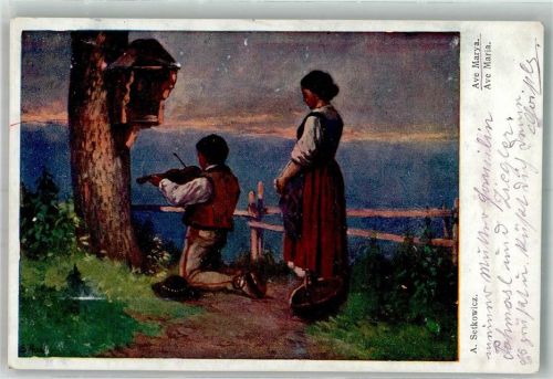 1916 sign. Setkowicz Zwei Gläubige in Tracht spielen vor einem Marterl auf der Geige das Ave Maria