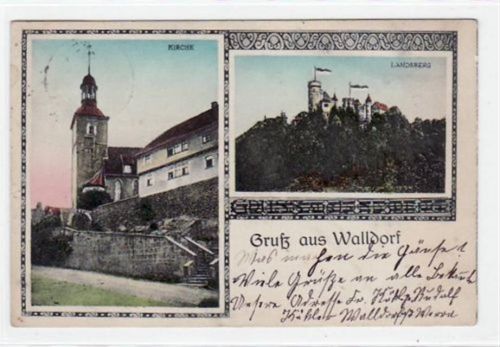 Gruß aus Walldorf mit Kirche und Schloß Landsberg gelaufen von 1913. Leichter Stempeldurchdruck, kleiner Knick oben und unten rechts, sonst gut erhalten.