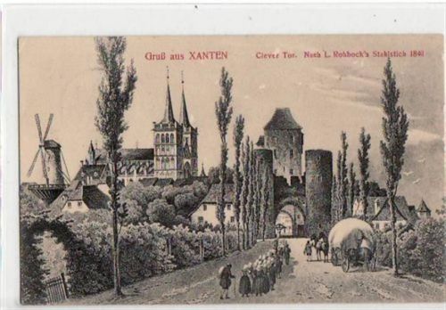 Xanten mit Partie am Clever Tor gelaufen, mit Marke und Stempel von 1911. Gute Erhaltung.
