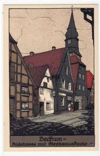 Beckum, Steindruck mit Südstrasse und Stephanuskirche ungelaufen Top Erhaltung.