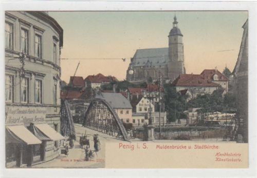 Penig Penig i. Sa. Muldenbrücke Stadtkirche. Handcolorierte Künstlerkarte. Ungelaufen, Sehr gut erhalten.