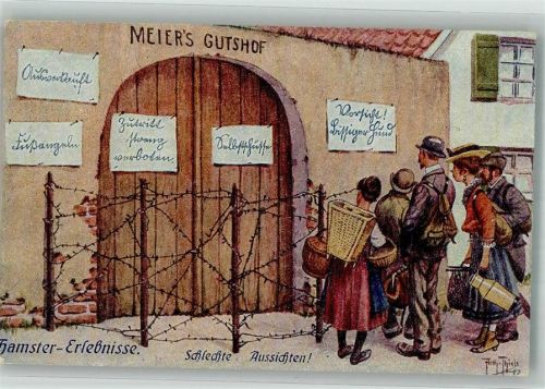 1919 Mit Stacheldraht vor hamsternden Menschen geschützter Gutshof Kriegsnot Humor