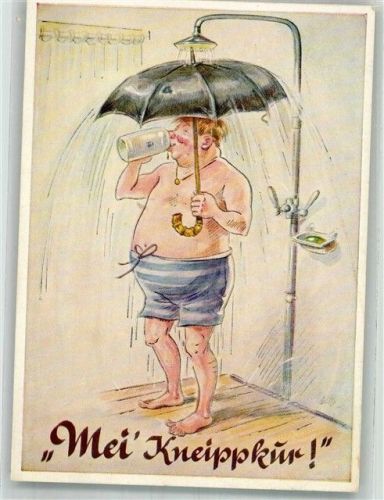Mann steht unter der Brause mit Regenschirm und einem Masskrug Bier Humor Verlag August Lengauer Nr. 3112 Hüttenstempel