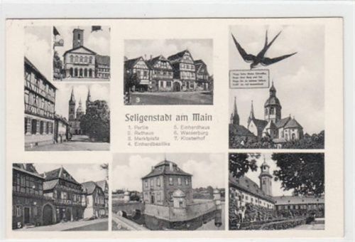 Seligenstadt am Main mit Marktplatz und Einhardhaus gelaufen, mit Marke und Stempel, Datum nicht lesbar. Leichter Stempeldurchdruck, kleiner Knick oben links, sonst gut erhalten