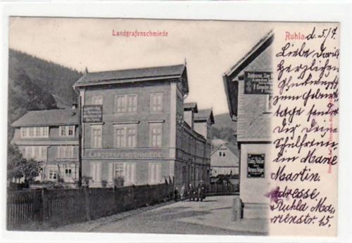 Ruhla Ruhla i. Thür. Ansicht Landgrafenschmiede gelaufen 1904 Eckbug oben links und untere linke Ecke leicht fleckig, sonst gut erhalten.