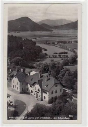 Fotokarte von Winzendorf. Hotel zur Teichmühle mit Schneeberg gelaufen 1932. Gute Erhaltung.