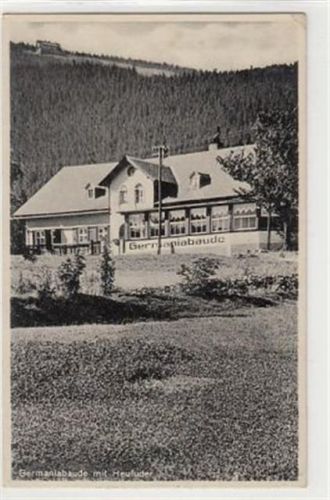Germaniabaude mit Heufuder / Kreis Löwenberg - Lwówek Slaski gelaufen 1931 kleiner Knick oben und unten rechts, sonst gut erhalten