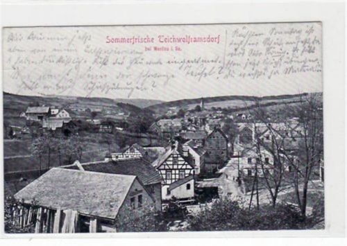 Teichwolframsdorf bei Werdau mit Gesamtansicht gelaufen von 1913. Leichter Stempeldurchdruck, sonst gut erhalten.