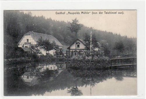 Gasthof Naupolds Mühle im Mühltal v.d. Teichinsel aus gelaufen von 1908. Top Erhaltung.