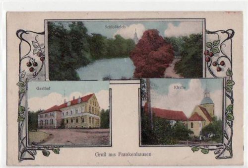 Frankenhausen mit Schloßteich, Gasthof und Kirche gelaufen von 1925. Gute Erhaltung.
