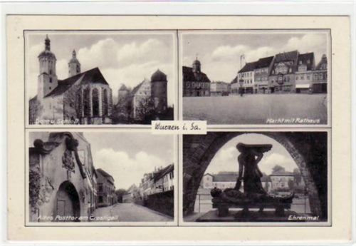 Wurzen Wurzen mit altes Posttor am Crostigall, Ehrenmal, Markt, Rathaus, Schloss u. Dom. Feldpost, mit Stempel von 1939. Gute Erhaltung.