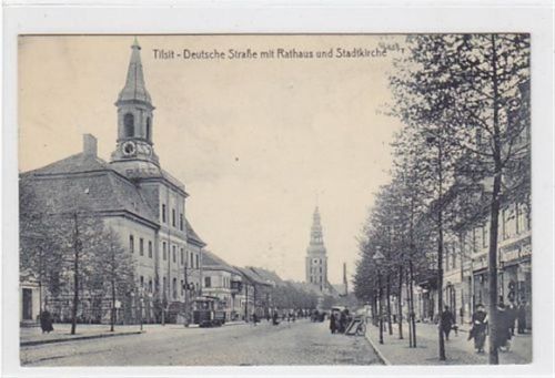 Tilsit Tilsit / Sowetsk. Deutsche Straße Rathaus Stadtkirche Straßenbahn ungelaufen Gute Erhaltung.