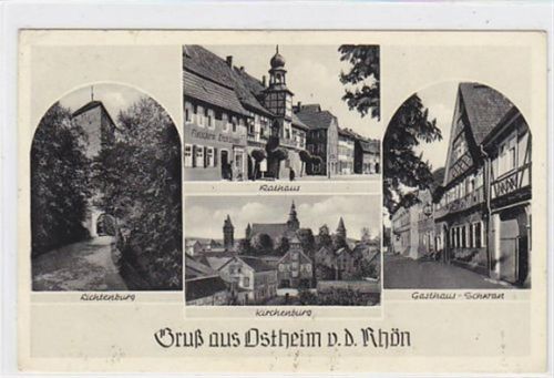 Ostheim v. d. Rhön. Ansicht Rathaus Fleischerei Erich Schmidt Gasthaus Schwan, Kirchenburg und Lichtenburg gelaufen. Die Marke wurde teilweise entfernt, sonst gut erhalten