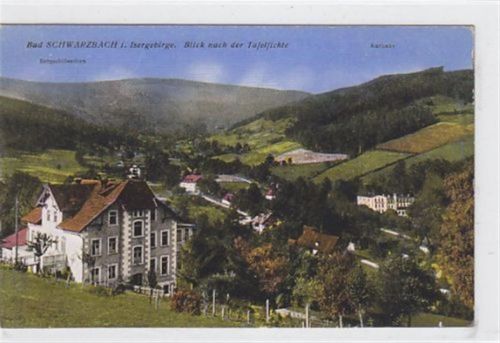 Bad Schwarzbach Bad Schwarzbach - Czerniawa-Zdrój / Kreis Lauban - Luban im Isergebirge mit Blick nach der Tafelfichte, Bergschlößchen und Kurhaus. Karte beschrieben Leichte Abschürfungen oben rechts, sonst gut erhalten