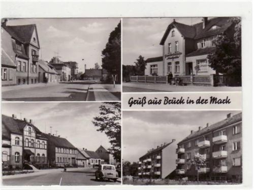 Gruß aus Brück i.d.M.. Abgebildet ist die Gaststätte und drei verschiedene Teilansichten. Postalisch befördert mit Marke 1983. Gute Erhaltung.