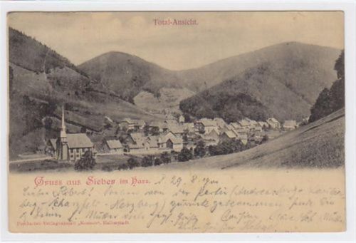 Gruss aus Sieber im Harz mit Total-Ansicht gelaufen 1900 kleiner Knick an der linken unteren Ecke Leichter Stempeldurchdruck, sonst gut erhalten.