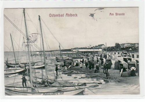 Ahlbeck Ostseebad Ahlbeck mit Strand gelaufen 1908. Leichter Stempeldurchdruck. Fleck oben rechts, sonst gut erhalten.