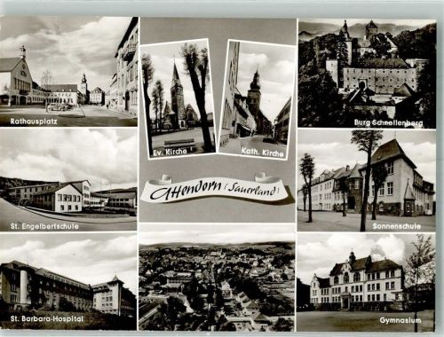 Attendorn Rathausplatz Ev. Kirche Kath. Kirche Burg Schnellenberg St. Engelbertschule Sonnenschule St. Barbara Hospital Gymnasium