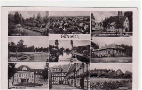 Gütersloh, 9 Abbildungen mit Bahnhof und Parkbad gelaufen, mit Marke und Stempel von 1949. Leicht bügig, leicht fleckig, sonst gut erhalten