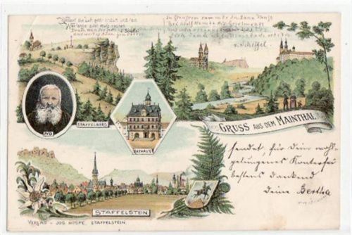 Mainthal, Lithographie mit 4 Abbildungen gelaufen von 1897 kleiner Knick oben links, leicht bügig, leicht fleckig, sonst gut erhalten