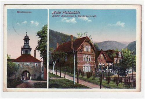 Hotel Waldmühle, Kloster Michaelstein b. Blankenburg mit Klosterruine gelaufen von 1912. Leichte Stempelspuren, kleiner Knick unten links, Oxydationsspuren rechter Rand, sonst gut erhalten.