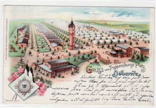 Lithographie Gruss vom Truppenübungs Platz Döberitz gelaufen 1900. Gute Erhaltung.