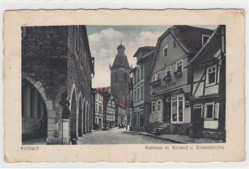 Korbach. Rathaus mit Roland und Kilianskirche gelaufen, mit Stempel von 1941, Marke entfernt. An den Ecke n kleine Knicke, leicht stockfleckig, leichter Stempeldurchdruck, sonst gut erhalten