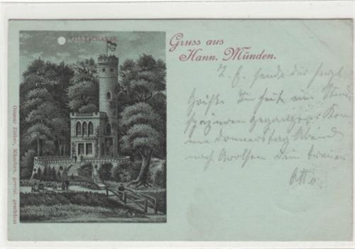 Hann Münden, Lithographie. Tillyschanze im Mondschein gelaufen, 1899. Leichter Stempeldurchdruck, Ecken mit Albumabdrücken, sonst gut erhalten