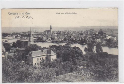 Crossen a.d. Oder Crossen / Krosno Odrzanskie mit Blick von der Wilhelmshöhe gelaufen 1907. Leichter Bug oben links. Leichter Stempeldurchdruck. Leicht fleckig.