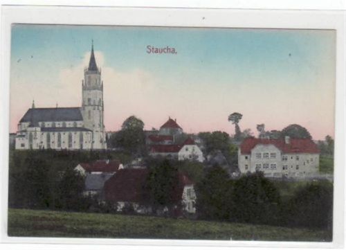 Staucha mit Teilansicht und Kirche gelaufen von 1912. Gute Erhaltung.