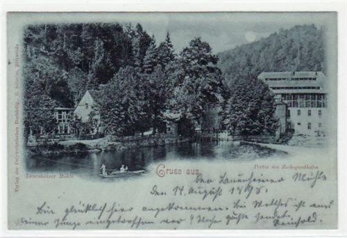 Lauenhainer Mühle, Mondscheinkarte, Perle des Zschopauthales gelaufen von 1898 kleiner Knick oben rechts und unten in der Mitte, sonst gut erhalten.