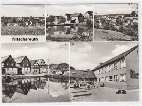 Nitschareuth. Blick auf das obere Dorf, zwei verschiedene Partien am Dorfanger Blick auf das untere Dorf Ernst-Thälmann-Oberschule gelaufen. Leichte Büge, sonst gut erhalten