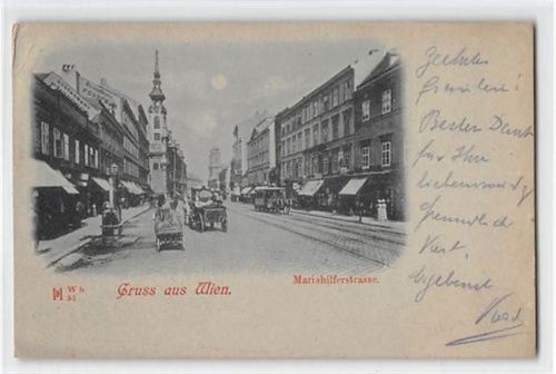 Mondscheinkarte Wien. Mariahilferstrasse mit Pferdetram und Kutschen gelaufen kleiner Knick oben links, sonst gut erhalten