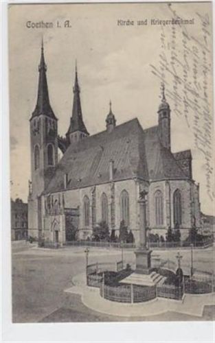 Köthen Cöthen mit Kirche und Kriegerdenkmal gelaufen von 1911. Gut erhalten.