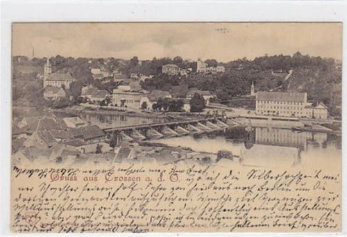 Crossen a.d. Oder Totalansicht von Crossen / Krosno Odrzanskie gelaufen 1900 kleiner Knick an der linken unteren Ecke Leicht fleckig, sonst gut erhalten.