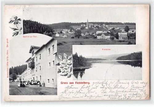 Fichtelberg. Totalansicht, Gasthof zu Post und Fichtelsee gelaufen. Oxydationsspuren, leichter Stempeldurchdruck, kleiner Knick oben und unten links, leicht fleckig, sonst gut erhalten