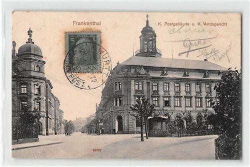 Frankenthal Frankenthal. K. Postgebäude und K. Amtsgericht gelaufen. Leichter Knick auf der linken Seite in der Mitte, leichter Bug unten links, leicht fleckig, sonst gut erhalten
