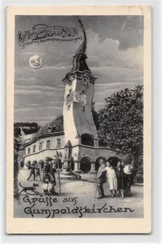 Scherzkarte Gumpoldskirchen aus der Sicht eines Betrunkenen. Partie an der Kirche gelaufen. Leichte Durchdrücke und Knicke oben rechts, sonst gut erhalten