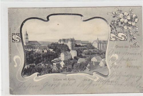 Nossen. Schloss Kirche gelaufen am 15.9.1905 kleiner Knick unten links. Flecken Vorderseite, sonst gut erhalten.