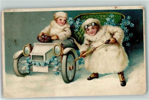 1908 Prägedruck Automobil Vergissmeinicht Luftpumpe für den Reifen Litho