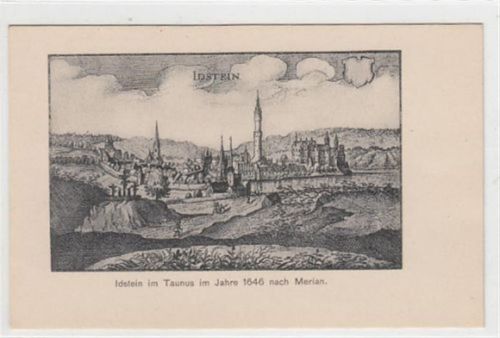 Idstein, Künstlerkarte. ein Blick auf die Stadt. Taunus im Jahre 1646 nach Merian ungelaufen Top Erhaltung.