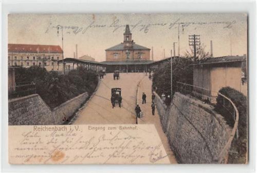 Reichenbach im Vogtland. Eingang zum Bahnhof gelaufen. Marke entfernt, Abrißspuren. Vorder- und Rückseite fleckig, sonst gut erhalten