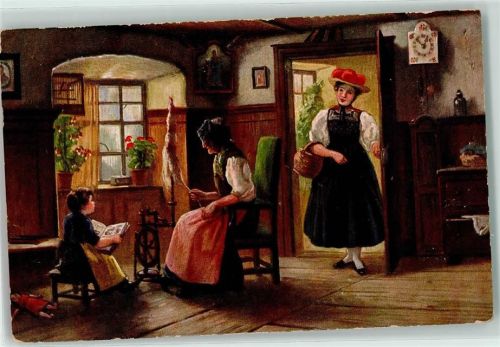 Bauernstube Spinnrad Buch lesen Puppen Vogelkasten AK Volksleben Schwarzwald 1916 Künstlerkarte