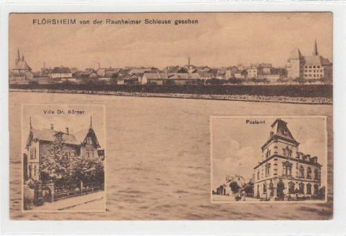 Flörsheim von der Raunheimer Schleuse gesehen mit Villa Dr. Börner und Postamt ungelaufen Gute Erhaltung.