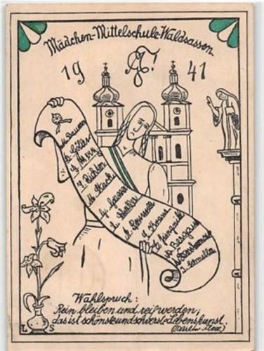 Studentikakarte, Künstlerkarte Waldsassen. Mädchen-Mittelschule-Waldsassen 1941 gelaufen kleiner Knick unten links, Vorder- und Rückseite leicht fleckig, sonst gut erhalten